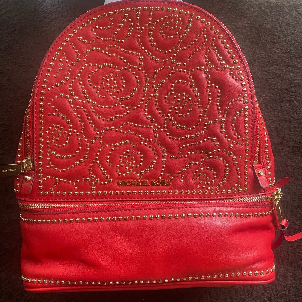 NWOT Michael Kors Rhea Studded backpack Bright Red - Picture 2 of 15